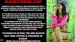 Hotkinkyjo in pink top and shorts self anal fisting & prolapse in studio