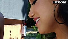 Two latinas gag on cock then ride outdoors