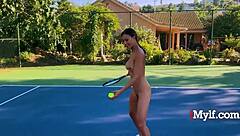 naked mature woman plays tennis outdoors