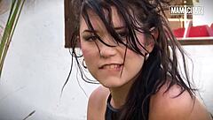 curvy latina gets massive tits oiled outdoors