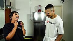 brazilian neighbor gives thanks with oral in the kitchen