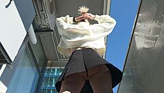 spy pov shows bare pussy under short skirt in public tease
