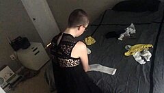 Bald girl ignores you while folding laundry