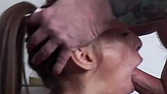 Petite pigtails girl pushed deepthroat limits ends with sloppy facial