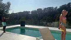 Behind the scenes look at blonde in bbc gangbang by pool