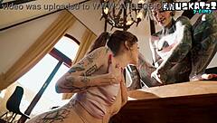Lesbian goths enjoy tattooed anal dildo play