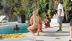 Behind the scenes look at blonde in bbc gangbang by pool
