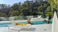 Behind the scenes look at blonde in bbc gangbang by pool