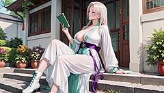 White Kimono Maid Kneeling In The Japanese Corridor High Slit Revealing Wet Thighs Under The Sun