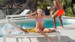Behind the scenes look at blonde in bbc gangbang by pool