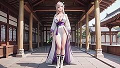 White Kimono Maid Kneeling In The Japanese Corridor High Slit Revealing Wet Thighs Under The Sun