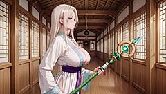 White Kimono Maid Kneeling In The Japanese Corridor High Slit Revealing Wet Thighs Under The Sun