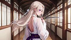 White Kimono Maid Kneeling In The Japanese Corridor High Slit Revealing Wet Thighs Under The Sun