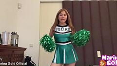horny cheerleader masturbates with her fingers until she cums