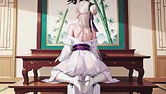 White Kimono Maid Kneeling In The Japanese Corridor High Slit Revealing Wet Thighs Under The Sun