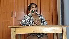 Screaming loud from big cucumber in tight pussy