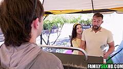 mature man enjoys young girl at barbeque