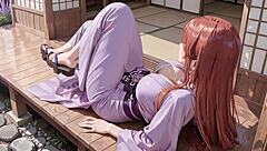 Ai Red Haired Kimono Goddess Kneels Under Torii