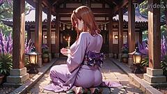 Ai Red Haired Kimono Goddess Kneels Under Torii