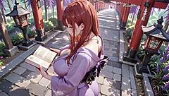 Ai Red Haired Kimono Goddess Kneels Under Torii