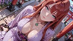 Ai Red Haired Kimono Goddess Kneels Under Torii