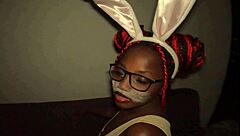 Nerdy Ebony First Time Sucks Sloppy Big Cock In Bunny Ears
