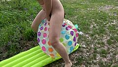 Hairy pussy pissed spat and fucked a beach inflatable ball and mattress outdoors fetish with a milf on a public river bank pawg