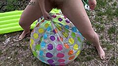 Hairy pussy pissed spat and fucked a beach inflatable ball and mattress outdoors fetish with a milf on a public river bank pawg