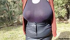 Spanish woman flashes her body while walking outside