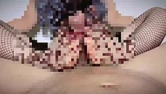 Wearing fishnet tights for a teasing footjob on big cock