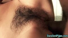 hot brunette hairy babe sucking big cock in interracial fucking scene