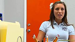 slutty shaved brunette babe seduces her teacher