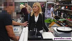 Hot blonde milf railed by pawn keeper in storage room