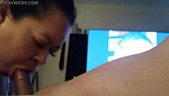 Naughty girl gives sloppy blowjob.