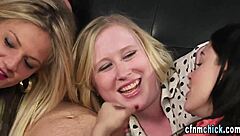 Clothed babes receive cumshot facials in femdom group