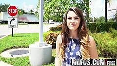 Innocent-looking brunette gets picked up and gives a wild blowjob in public