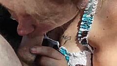 Fat BBW gives outdoor blowjob in public for voyeurs.