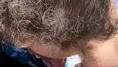 Fat BBW gives outdoor blowjob in public for voyeurs.