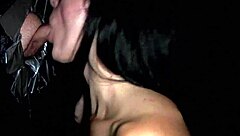 hot brunette in gloryhole interview gives blowjob