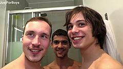 Guys in gay orgy cum together in intense group session