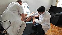 Naughty doctors deepthroat and fuck patient bareback in office