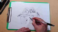 Two gorgeous women in a fast drawing session with a pen