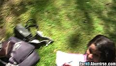 Relaxing university students outdoors