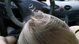 Big tits Lymia gives the driver a sensual blowjob in nature